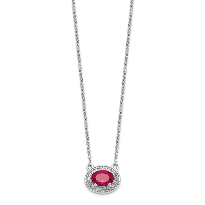 14K White Gold Diamond and 7x5mm Oval Ruby Halo East-West 18 Necklace