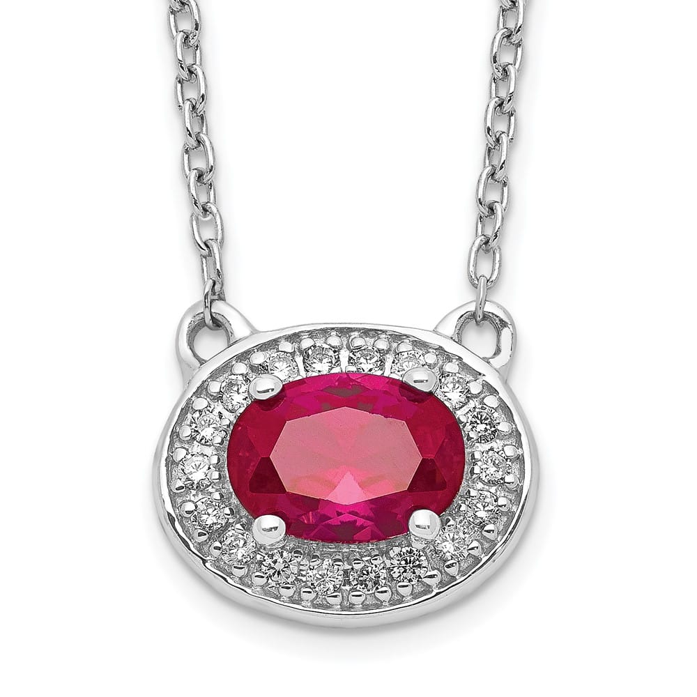 14K White Gold Diamond and 7x5mm Oval Ruby Halo East-West 18 Necklace