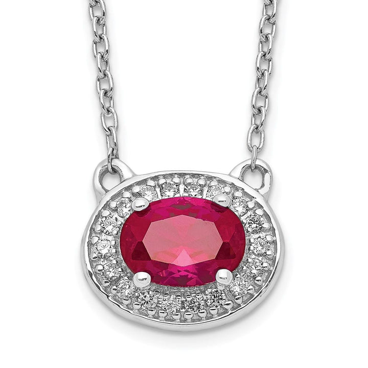 14K White Gold Diamond and 7x5mm Oval Ruby Halo East-West 18 Necklace