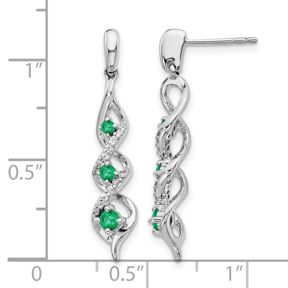 14K White Gold Diamond and Emerald Twisted Post Dangle Earrings, view 4 of 4