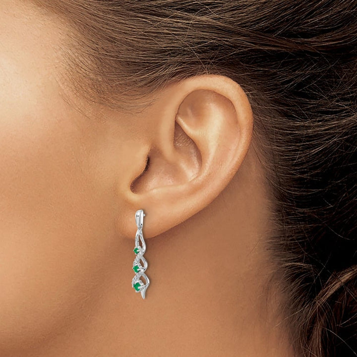 14K White Gold Diamond and Emerald Twisted Post Dangle Earrings, view 3 of 4