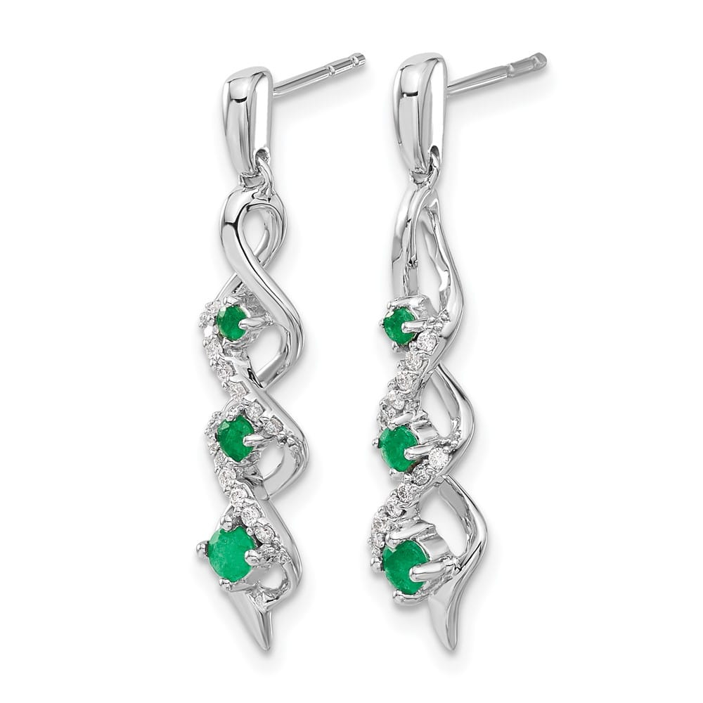 14K White Gold Diamond and Emerald Twisted Post Dangle Earrings, view 2 of 4