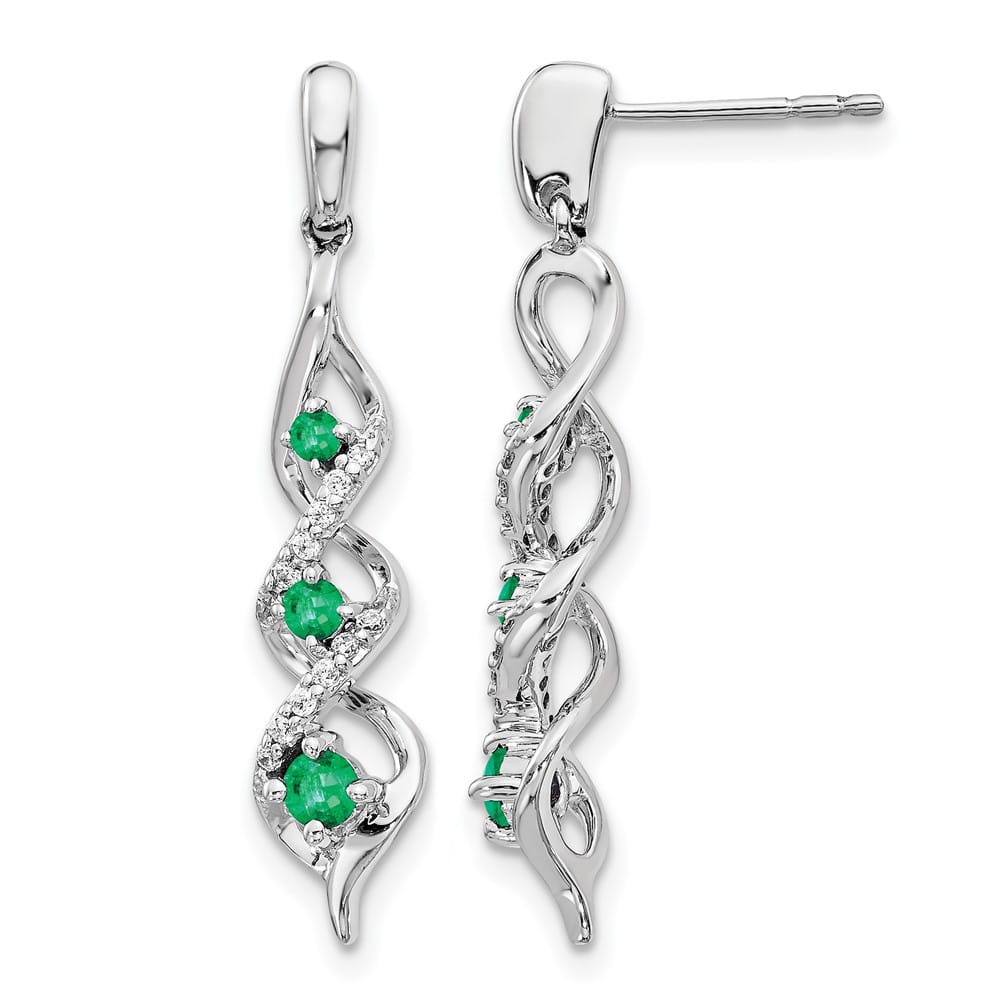 14K White Gold Diamond and Emerald Twisted Post Dangle Earrings, view 1 of 4