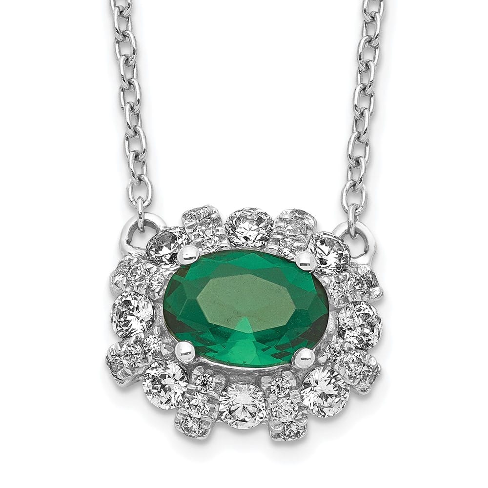 14K White Gold Diamond and Oval Emerald 11x13 mm 18 inch Necklace
