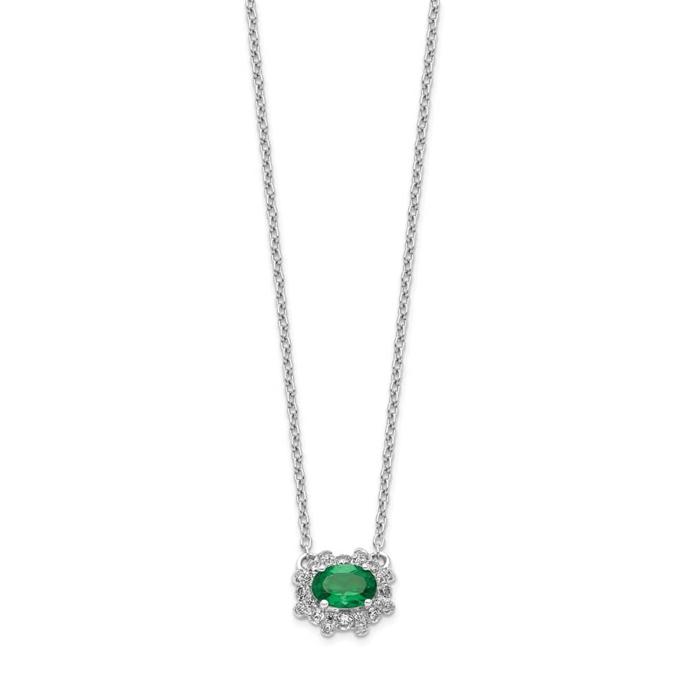 14K White Gold Diamond and Oval Emerald 9x11 mm 18 inch Necklace