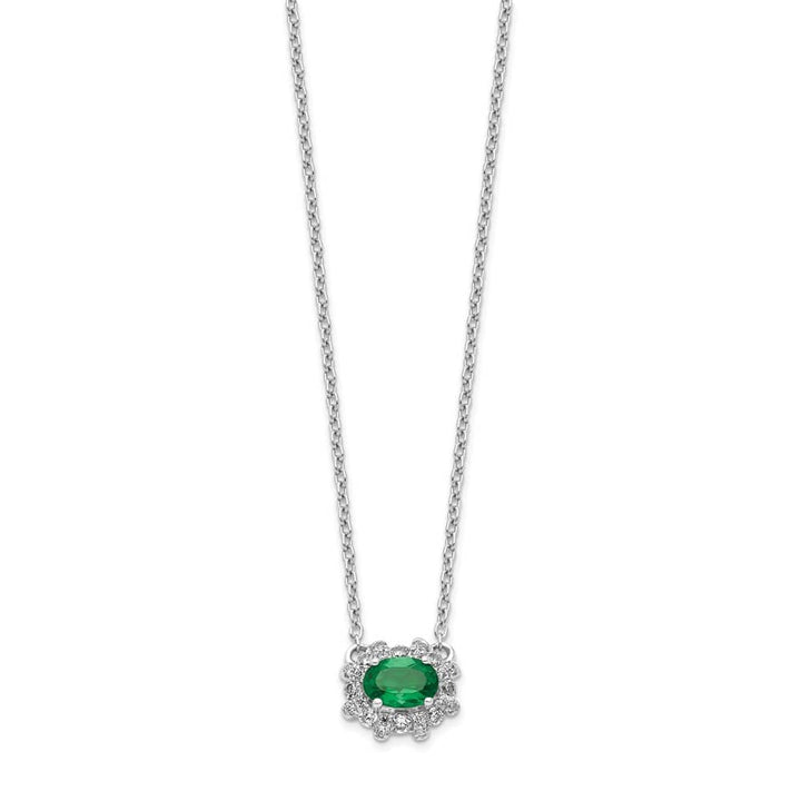 14K White Gold Diamond and Oval Emerald 9x11 mm 18 inch Necklace