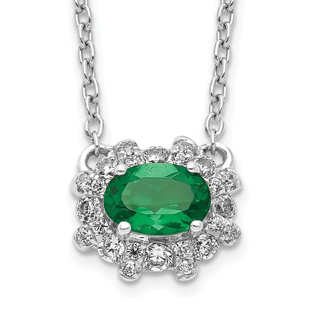 14K White Gold Diamond and Oval Emerald 9x11 mm 18 inch Necklace