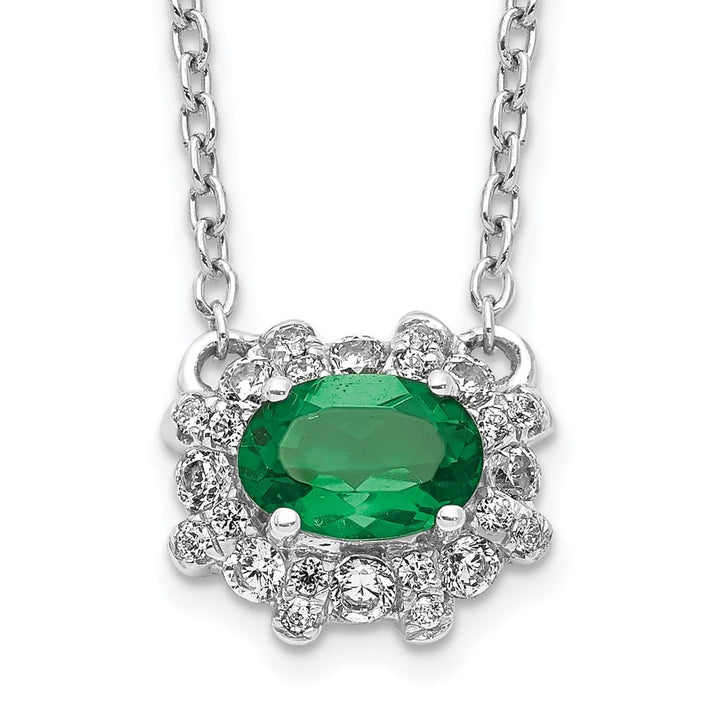14K White Gold Diamond and Oval Emerald 9x11 mm 18 inch Necklace