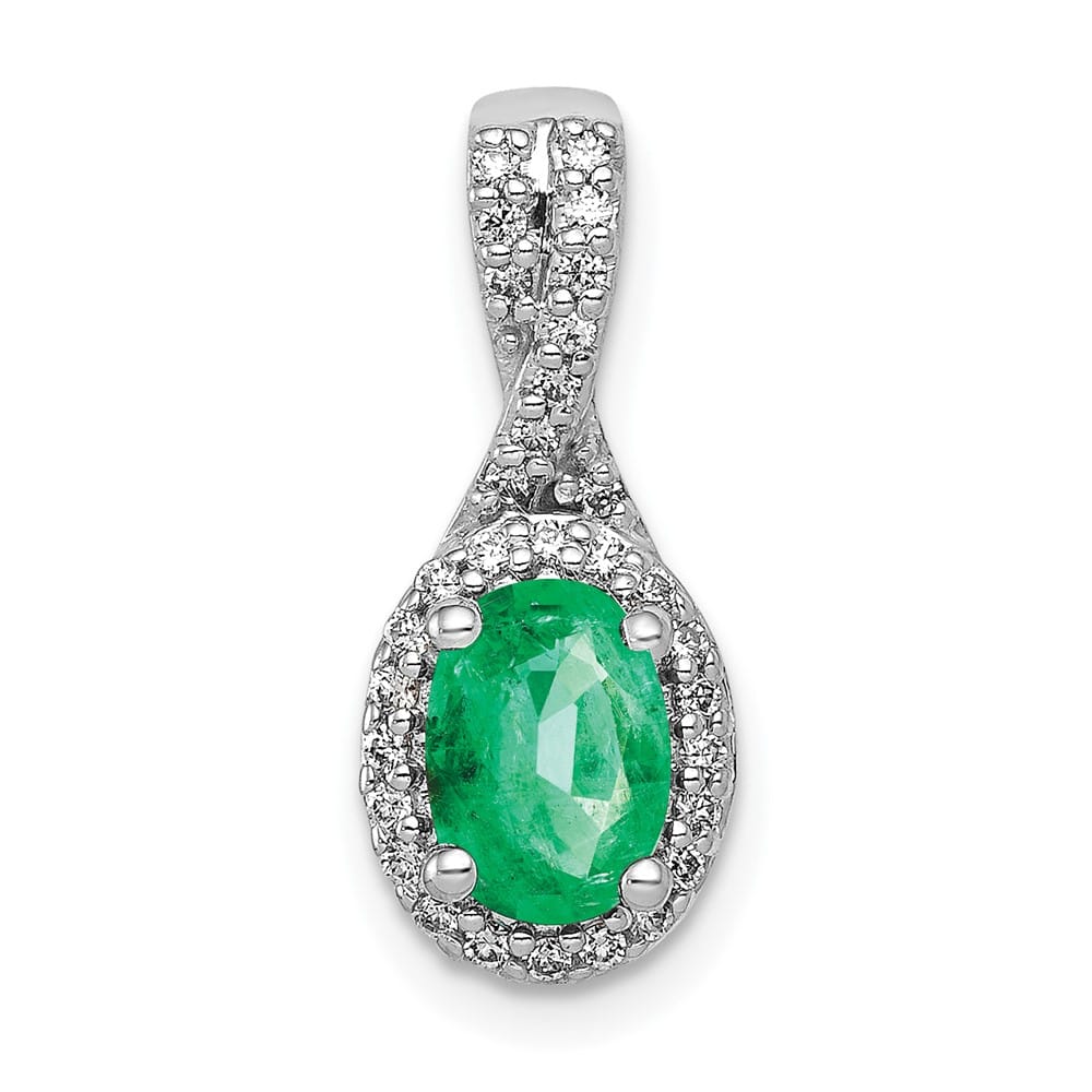 14K White Gold Diamond and Oval Emerald Halo Pendant