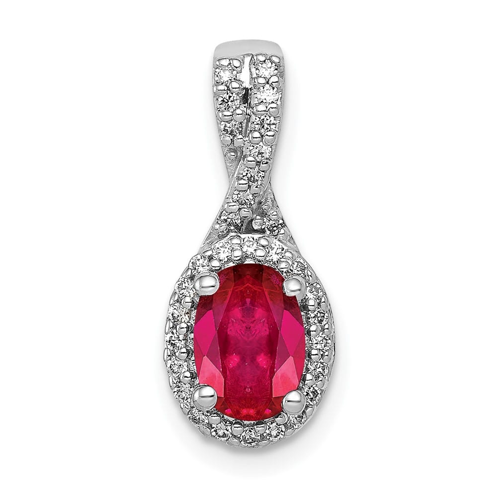 14K White Gold Diamond and Oval Ruby Halo Pendant