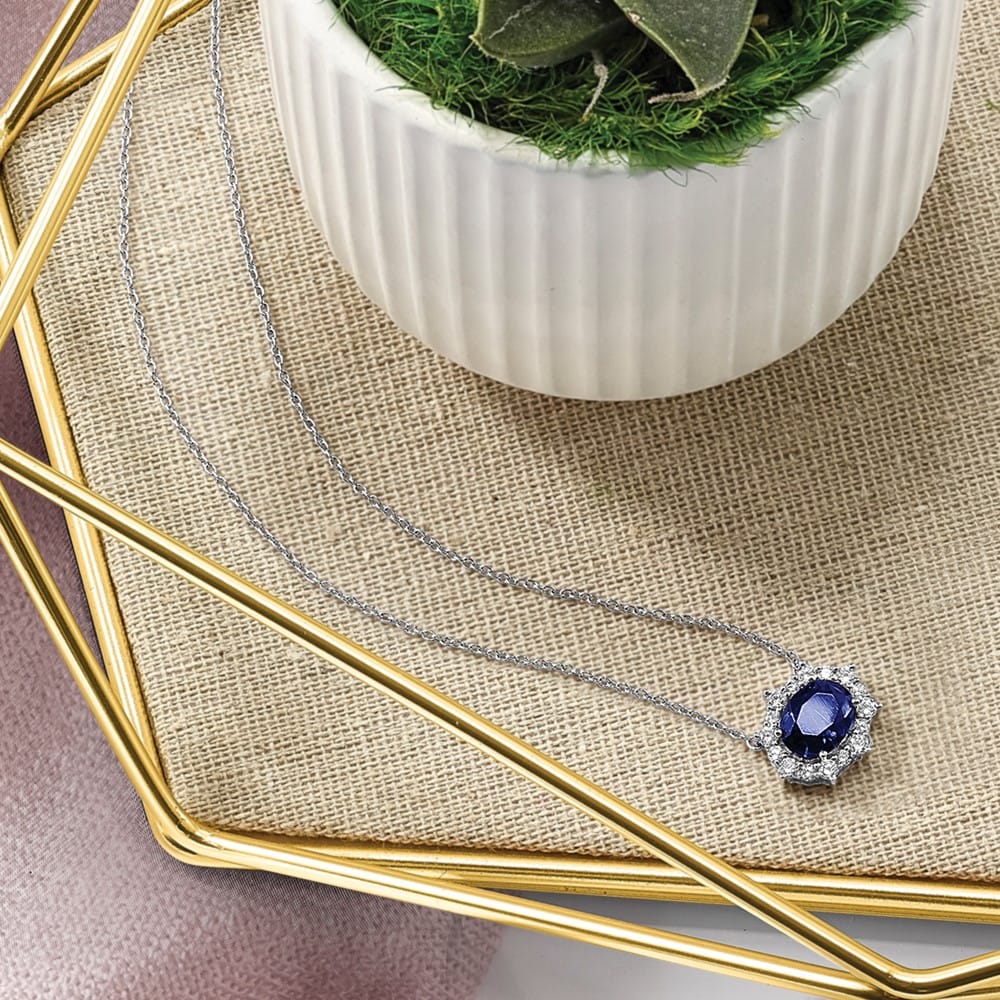 14K White Gold Diamond and Oval Sapphire Fancy 18 inch Necklace