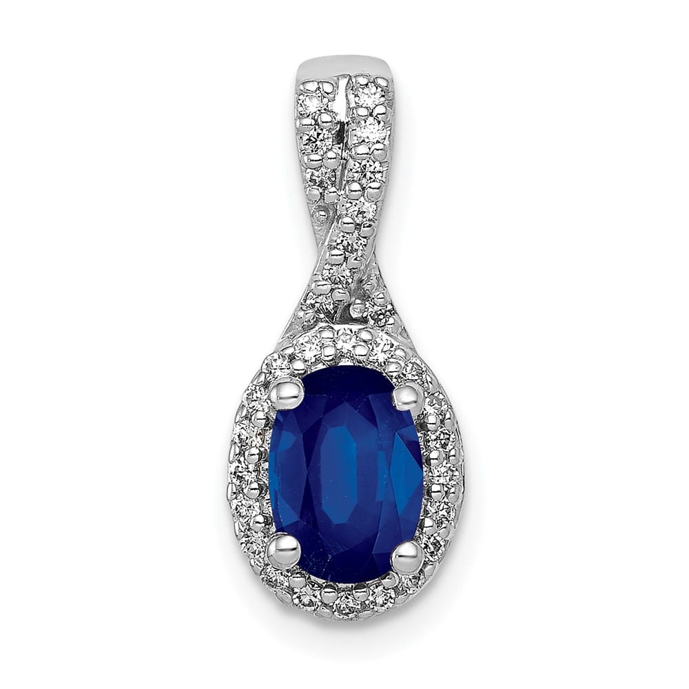 14K White Gold Diamond and Oval Sapphire Halo Pendant