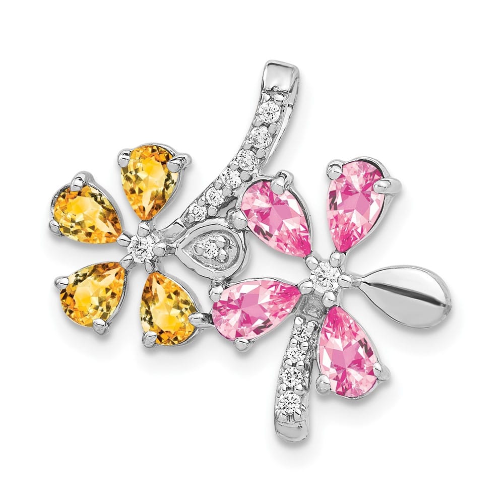 14K White Gold Diamond and Pear Citrine/Pink Tourmaline Flower Pendant