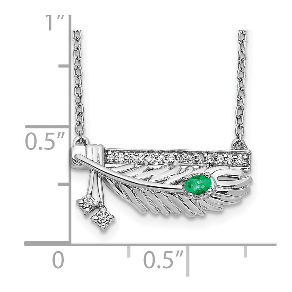 14K White Gold Diamond Bar with Emerald Feather 18 inch Necklace