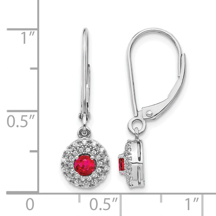 14K White Gold Diamond Halo and Ruby Leverback Dangle Earrings, view 4 of 4