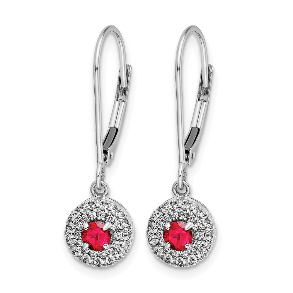 14K White Gold Diamond Halo and Ruby Leverback Dangle Earrings, view 2 of 4