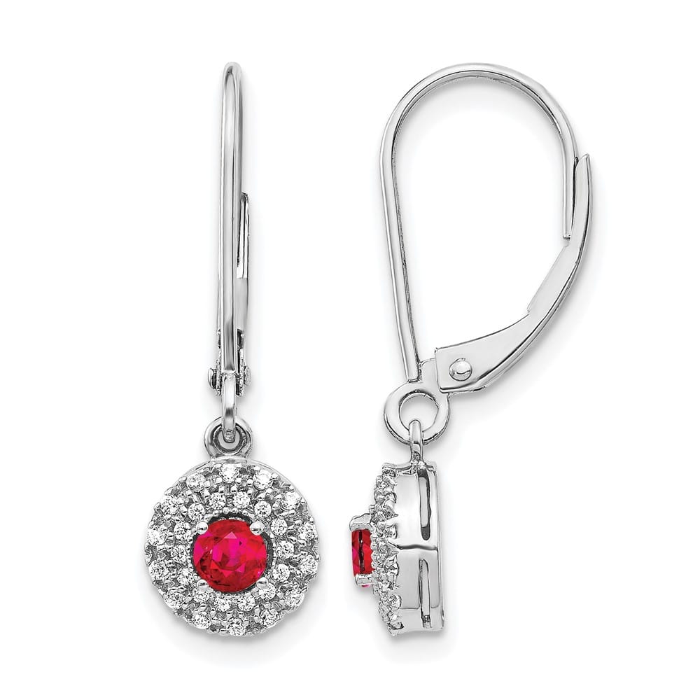 14K White Gold Diamond Halo and Ruby Leverback Dangle Earrings, view 1 of 4