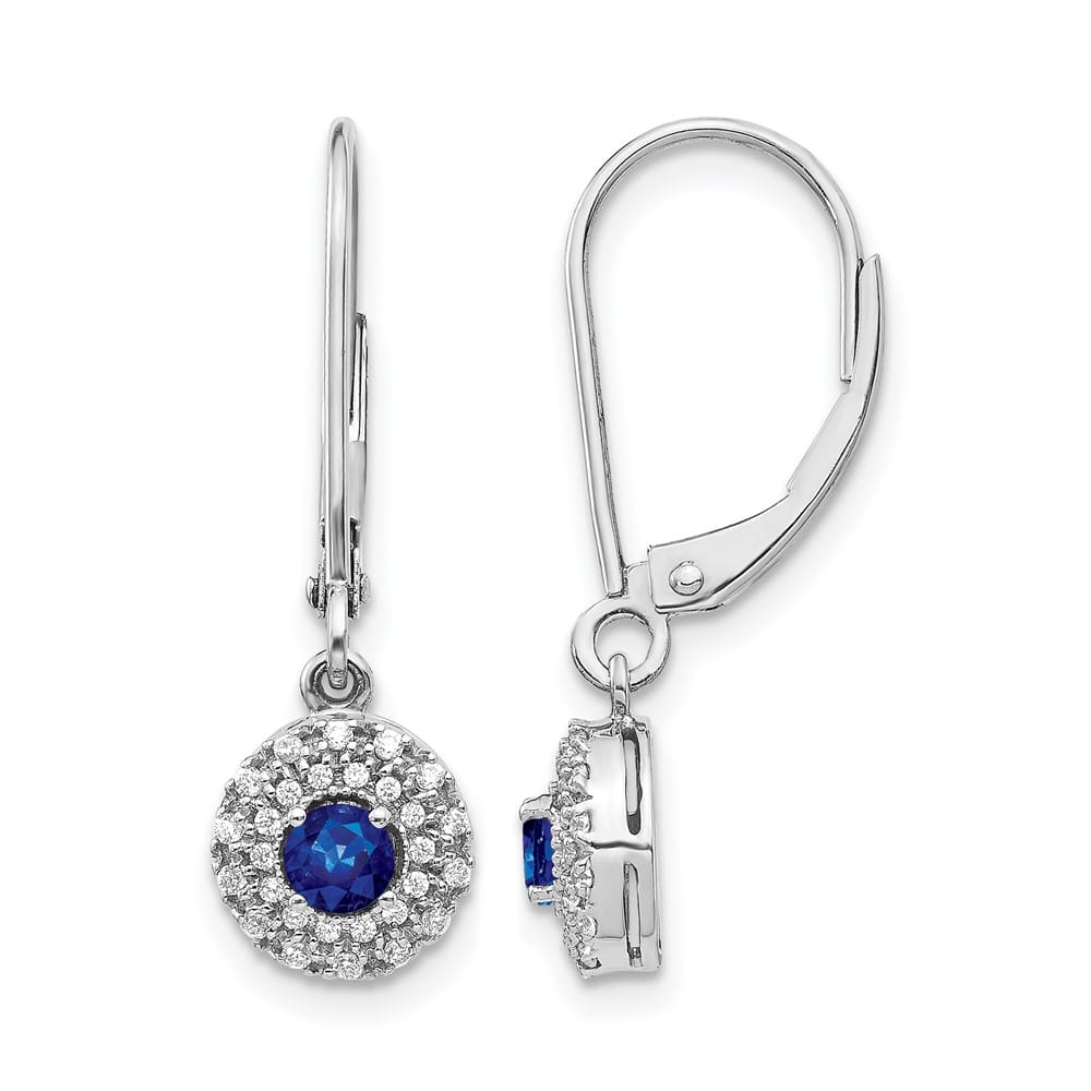 14K White Gold Diamond Halo and Sapphire Leverback Dangle Earrings, view 1 of 4
