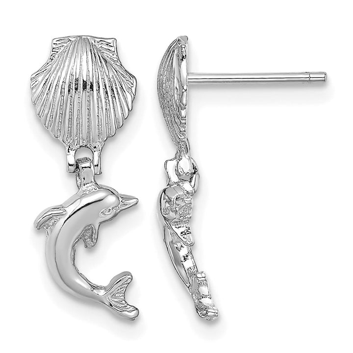 14K White Gold Dolphin Dangle From Mini Scallop Post Earrings, view 1 of 4