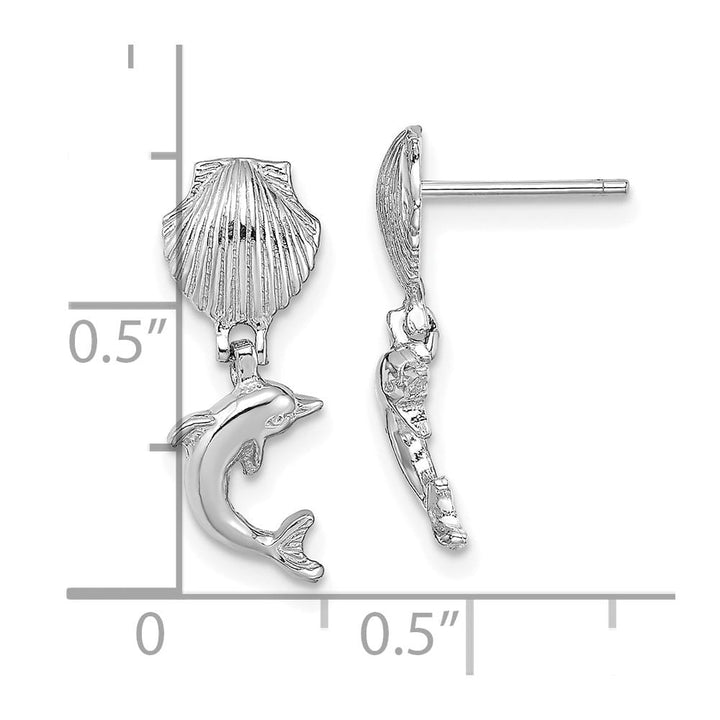 14K White Gold Dolphin Dangle From Mini Scallop Post Earrings, view 4 of 4