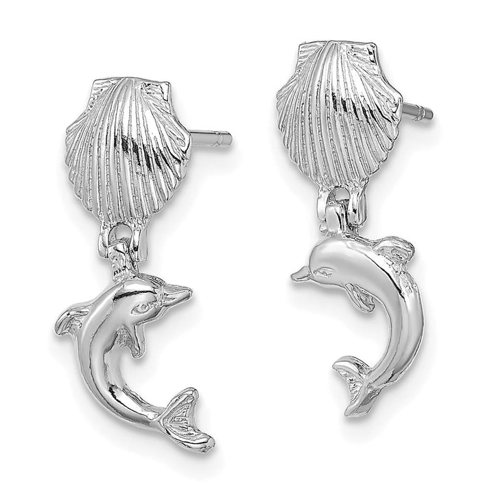 14K White Gold Dolphin Dangle From Mini Scallop Post Earrings, view 2 of 4