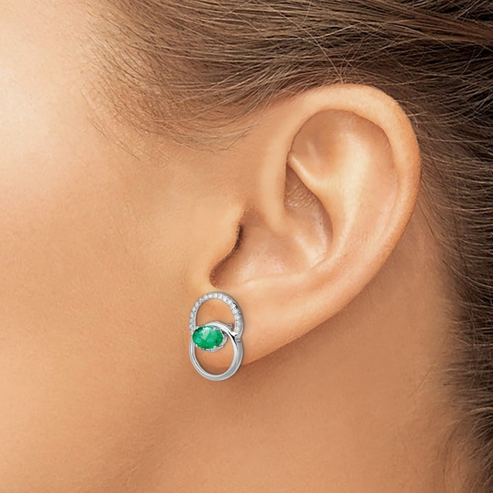 14K White Gold Double Circle Emerald and Diamond Post Earrings, view 3 of 4