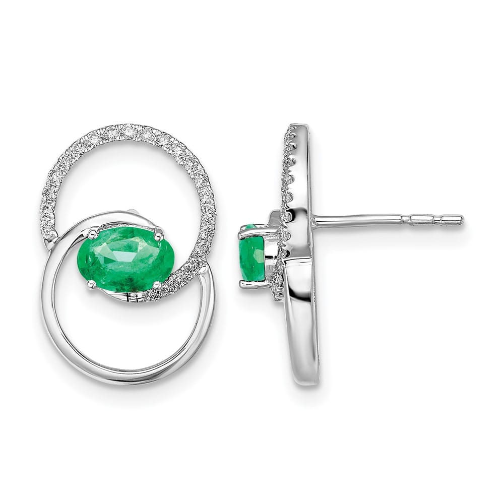 14K White Gold Double Circle Emerald and Diamond Post Earrings, view 1 of 4