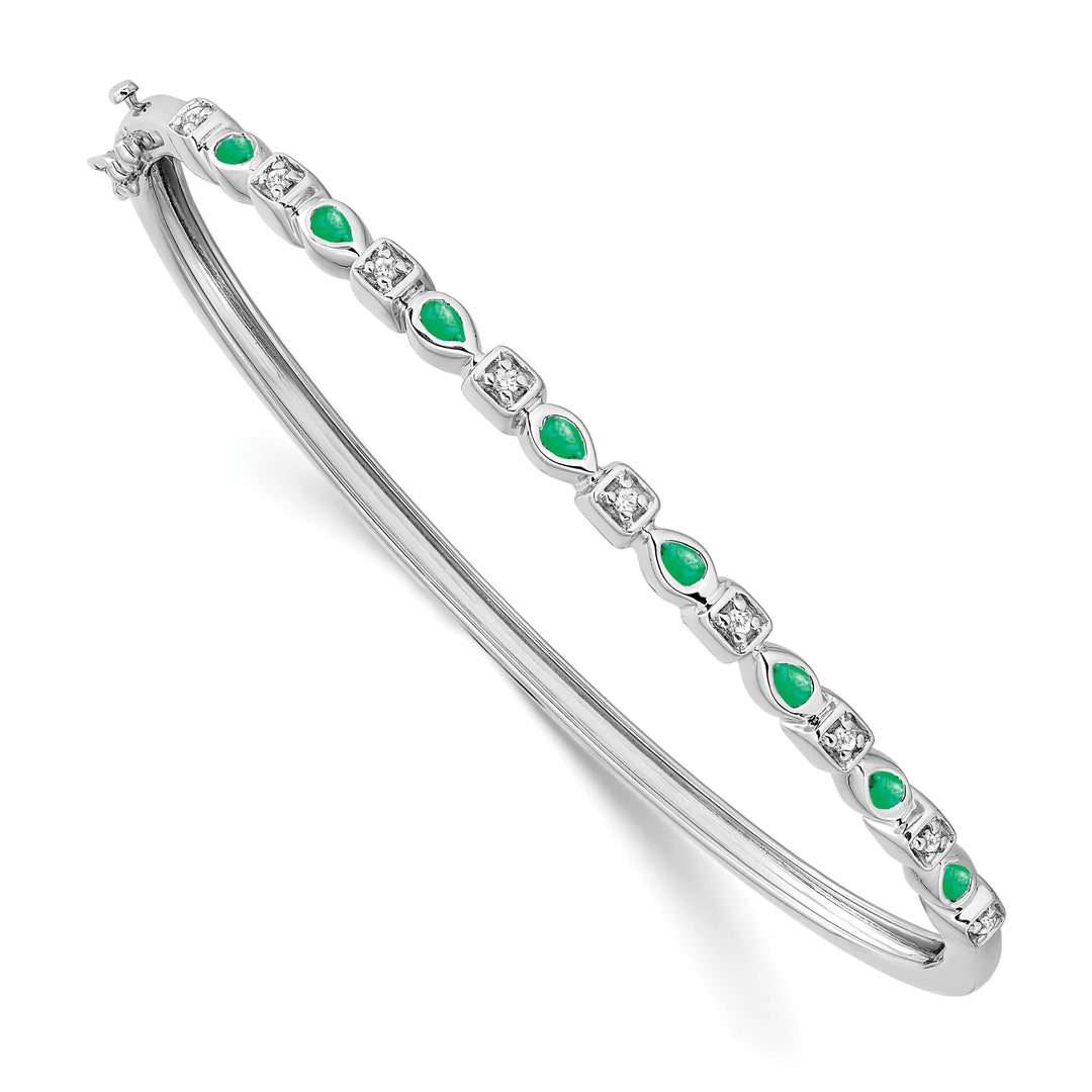 14k White Gold Emerald and 1/10 carat Diamond Hinged Bangle Bracelet