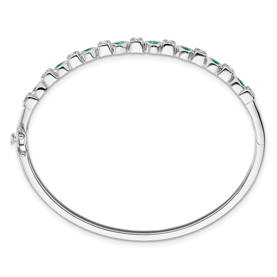 14k White Gold Emerald and 1/10 carat Diamond Hinged Bangle Bracelet
