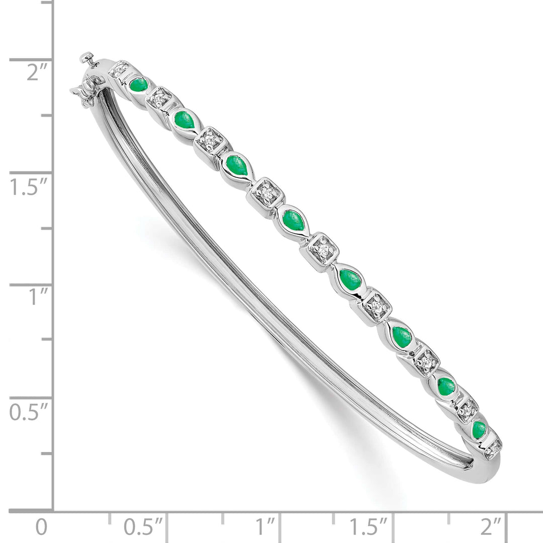 14k White Gold Emerald and 1/10 carat Diamond Hinged Bangle Bracelet