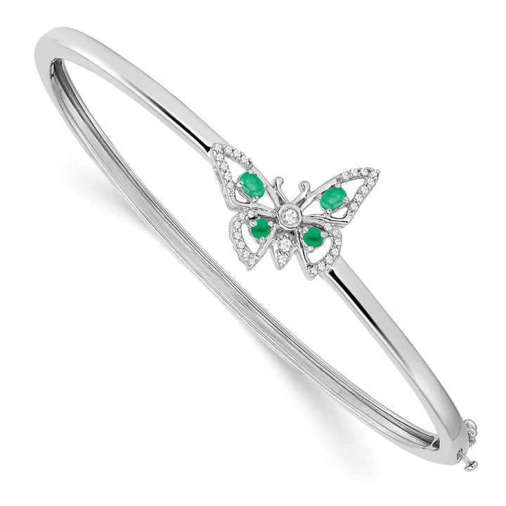 14k White Gold Emerald and 1/6 carat Diamond Butterfly Hinged Bangle