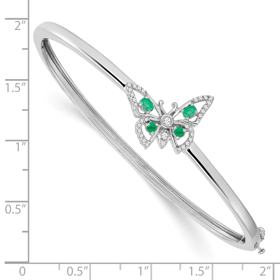 14k White Gold Emerald and 1/6 carat Diamond Butterfly Hinged Bangle