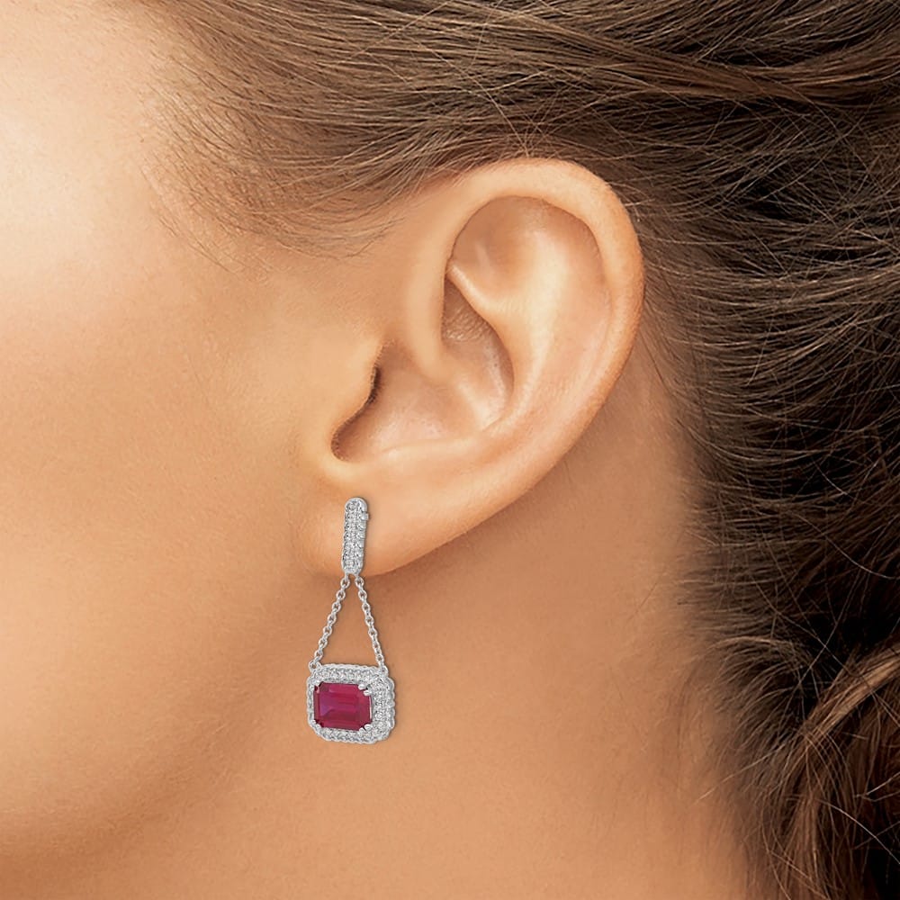 14K White Gold Emerald-cut Ruby and Diamond Chain Dangle Post Earrings, view 3 of 4