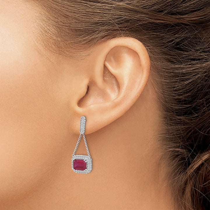 14K White Gold Emerald-cut Ruby and Diamond Chain Dangle Post Earrings, view 3 of 4
