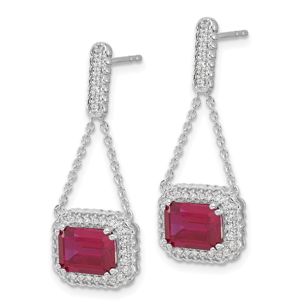 14K White Gold Emerald-cut Ruby and Diamond Chain Dangle Post Earrings, view 2 of 4