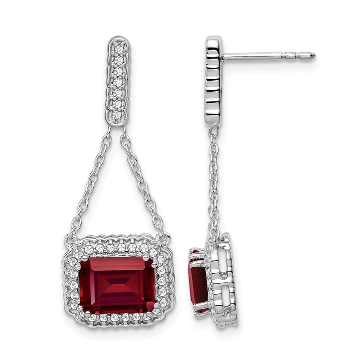 14K White Gold Emerald-cut Ruby and Diamond Chain Dangle Post Earrings, view 1 of 4