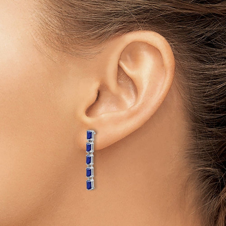 14K White Gold Emerald-cut Sapphire 5-stone Dangle Post Earrings, view 3 of 4