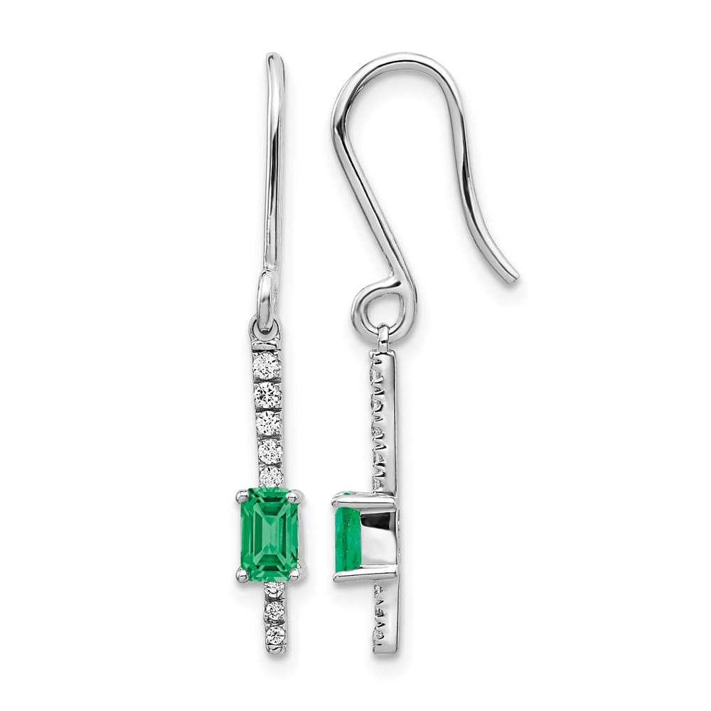 14K White Gold Emerald Diamond Dangle Shepherd Hook Earrings, view 1 of 4