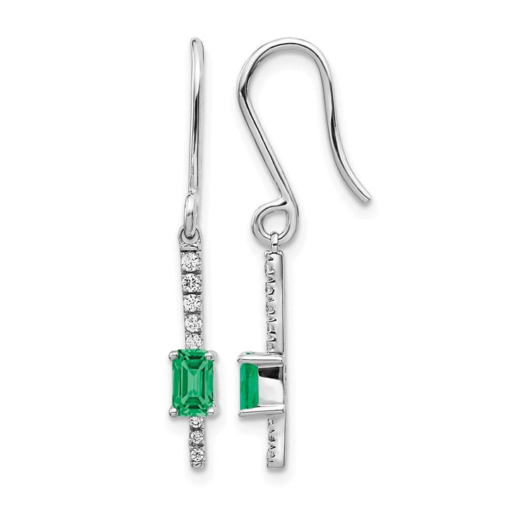 14K White Gold Emerald Diamond Dangle Shepherd Hook Earrings, view 1 of 4
