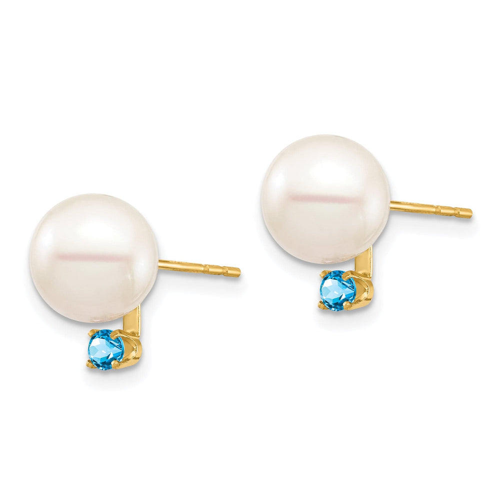 14K White Gold Fine 8-8.5mm Freshwater Pearl Swiss Blue Topaz Studs