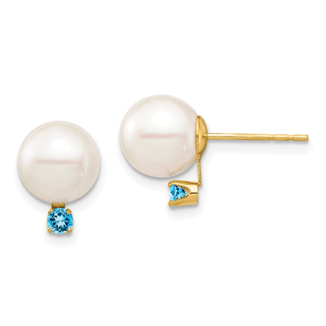 14K White Gold Fine 8-8.5mm Freshwater Pearl Swiss Blue Topaz Studs