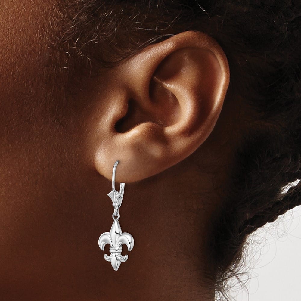 14K White Gold Fleur-de-Lis Dangle Leverback Earrings, view 3 of 4