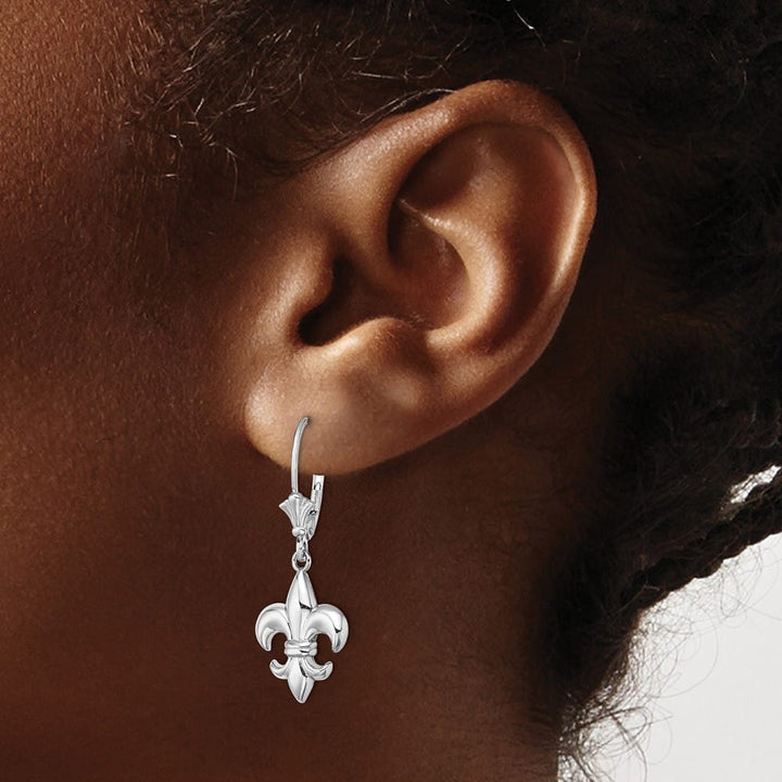 14K White Gold Fleur-de-Lis Dangle Leverback Earrings, view 3 of 4