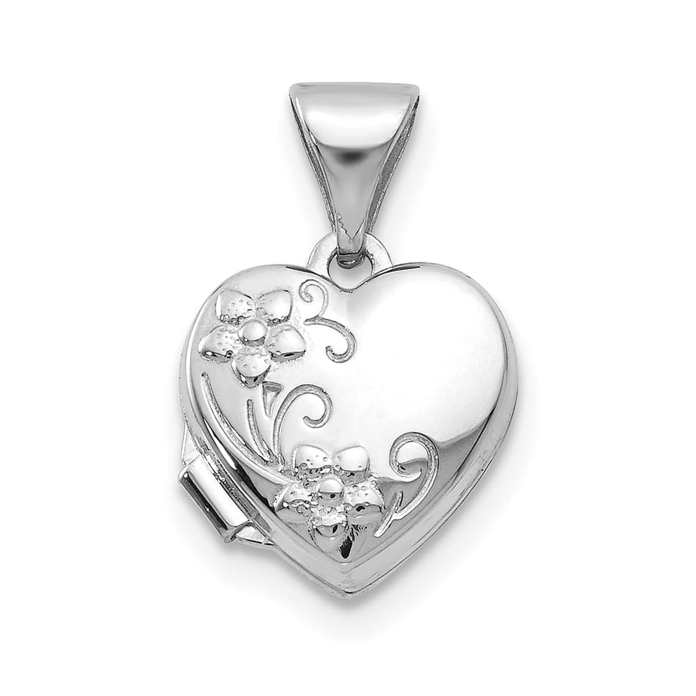 14K White Gold Floral 10mm Heart Locket
