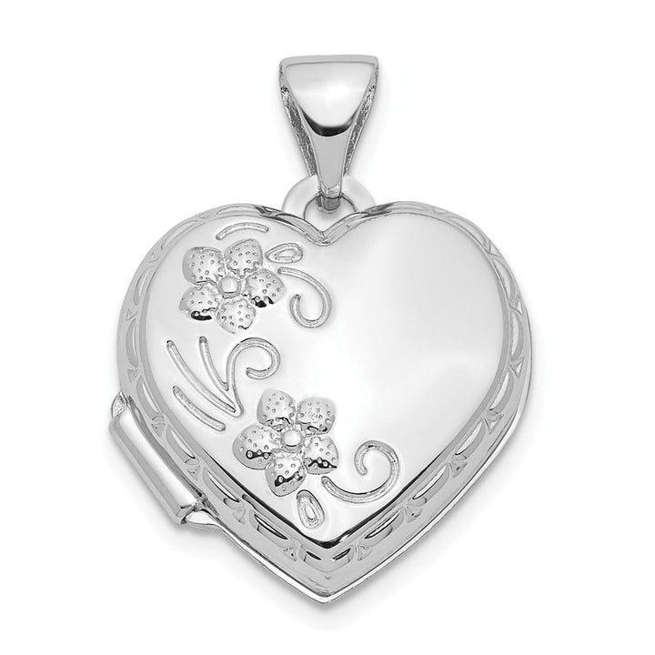 14K White Gold Floral Reverses to LOVE YOU ALWAYS 15mm Heart Locket
