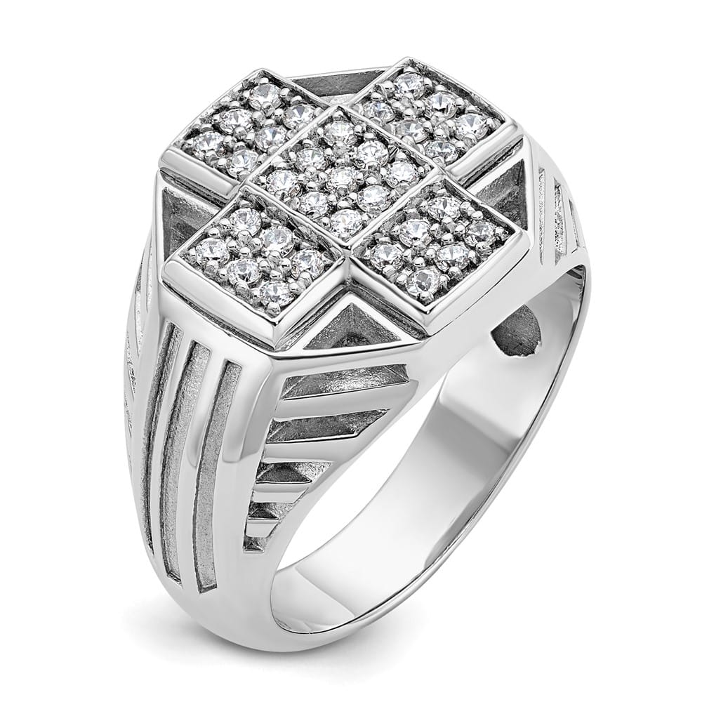 14k White Gold Grooved I1 Quality Diamond Cross Cluster Men's Ring