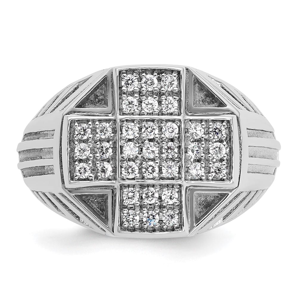 14k White Gold Grooved I1 Quality Diamond Cross Cluster Men's Ring
