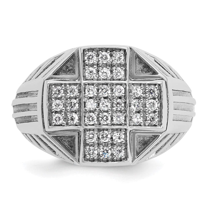 14k White Gold Grooved I1 Quality Diamond Cross Cluster Men's Ring