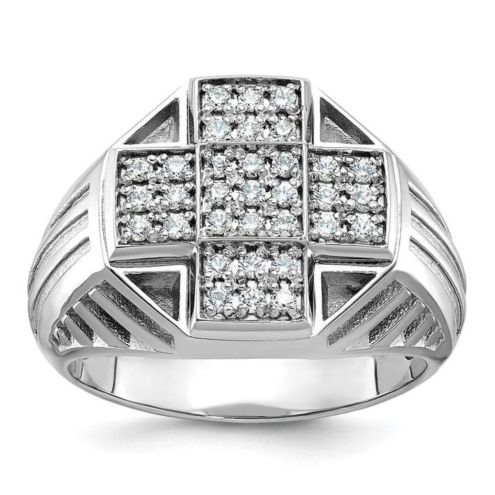 14k White Gold Grooved I1 Quality Diamond Cross Cluster Men's Ring
