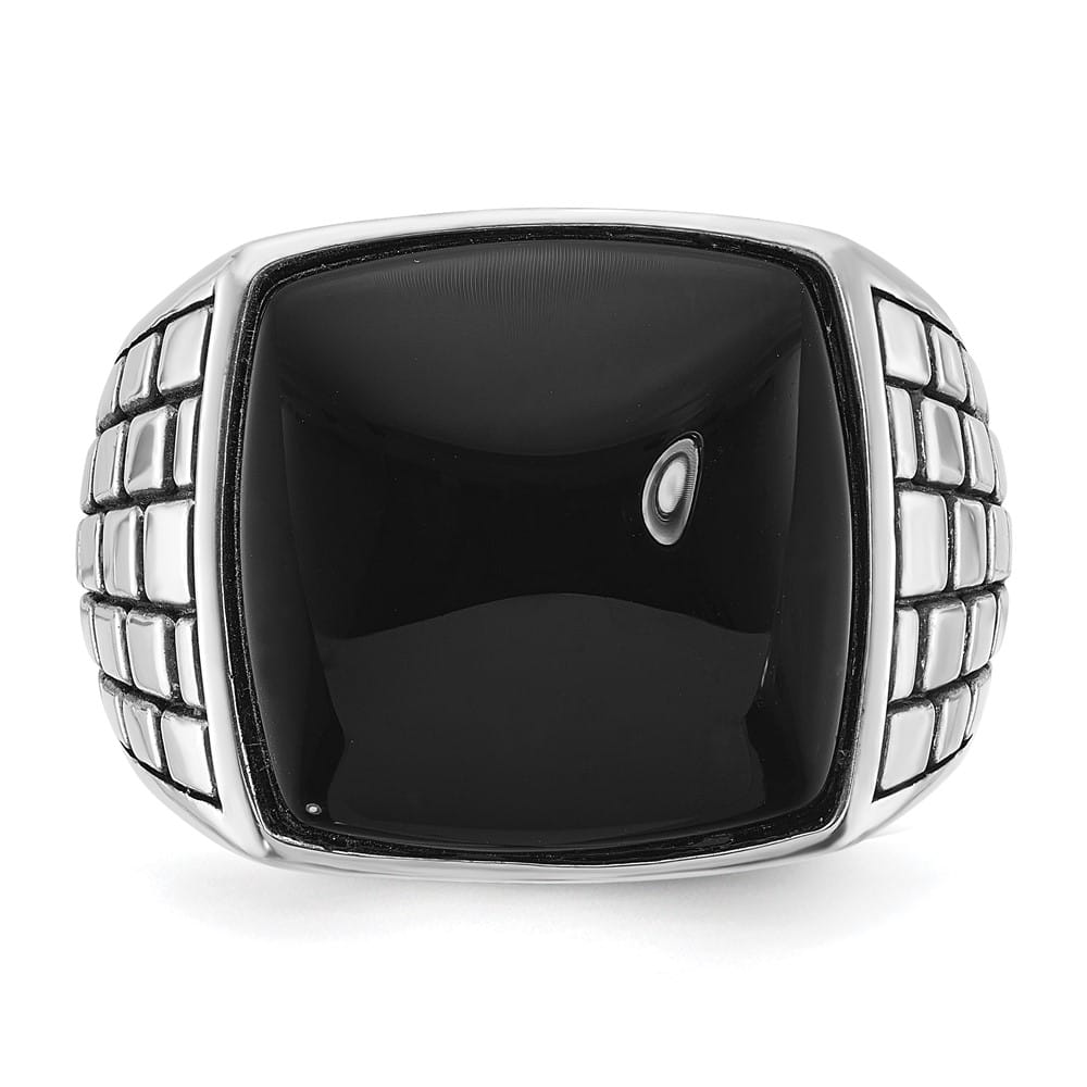 14k White Gold IB Goodman Antiqued Cushion Onyx Men's Ring